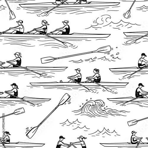 Sketchy hand drawn pattern of rowers and boats in motion