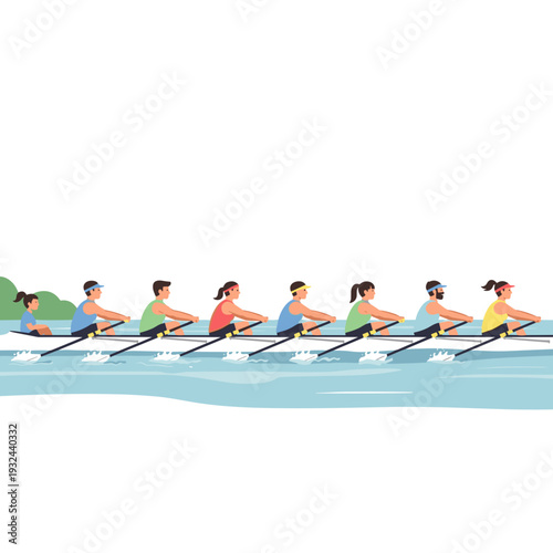 Team of rowers in a boat on white background flat design