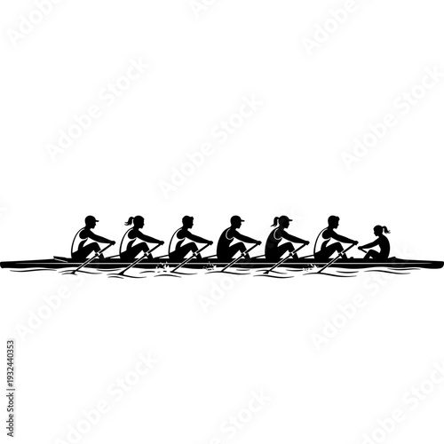 Silhouette of a long rowing team in perfect synchronization