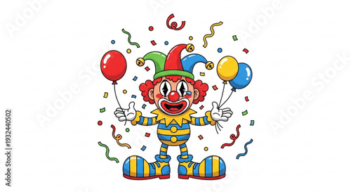 Smiling clown in colorful outfit holding balloons and confetti joyful carnival performer with red nose and curly hair
