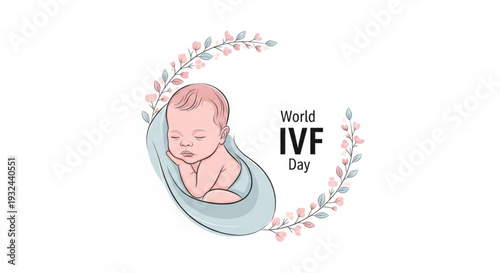 Newborn baby wrapped in blanket surrounded by flowers for world ivf day illustration