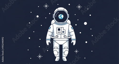 Astronaut standing in outer space with stars and planets.