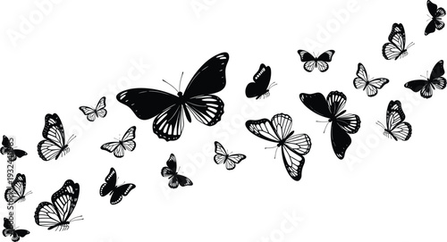 Black Butterfly Silhouettes Flying in Swarm Isolated on White Background, Elegant Nature Insect Collection for Design, Decoration, Tattoo, and Artistic Projects