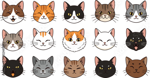 Cartoon Cat Face Vector Collection Featuring Diverse Fur Colors, Patterns, and Expressions for Pet Art, Design, and Decoration