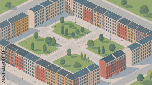 An aerial view of a vibrant urban residential complex with colorful buildings and green spaces