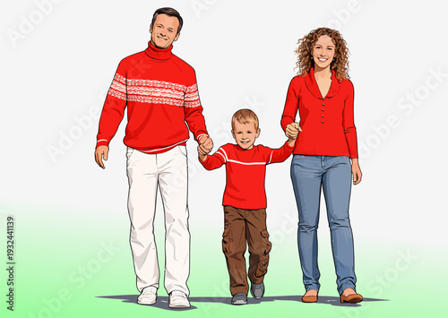 070-32-Parents and child smiling, walking together wearing red sweaters