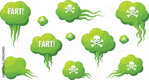 Cartoon Fart Cloud Vector Collection Featuring Green Gas Shapes, Skulls, and Humorous Designs for Comic Art and Fun