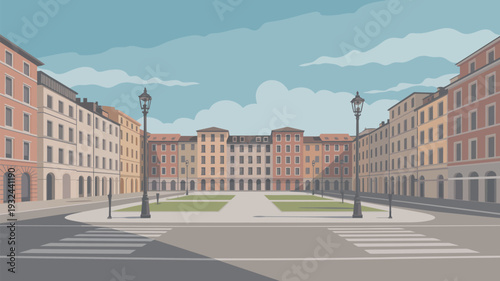 A serene city square with buildings and street lamps under a cloudy sky