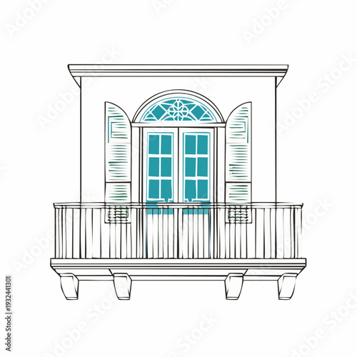 Balcony with French doors and decorative shutters.