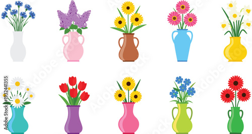 Colorful Flower Vase Collection with Different Floral Arrangements for Decoration, Design, and Spring