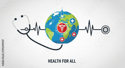 Global healthcare concept with stethoscope wrapped around earth medical cross symbols and caduceus emblem on world map representing health for all initiative