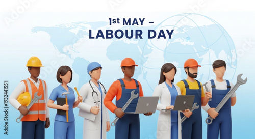 Diverse workers celebrate labour day on may 1st unity in various professions