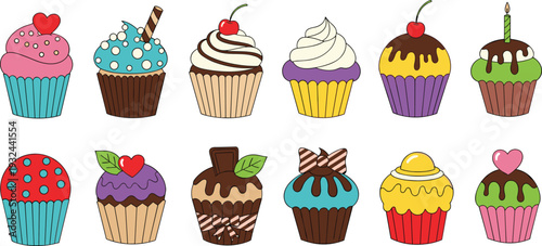 Cupcake Vector Collection Featuring Colorful Frosting, Toppings, Sprinkles, and Decorative Designs for Bakery, Dessert, and Party Art