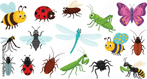 Cute Cartoon Insects Collection Featuring Bee, Ladybug, Grasshopper, Dragonfly, Butterfly, Ant, Spider, and Other Garden Bugs in Colorful Vector Illustration Set
