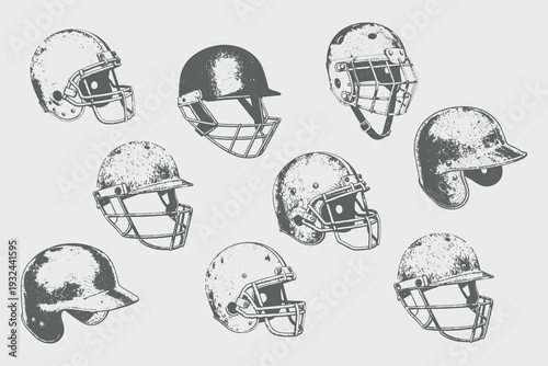 Vintage sketch Cricket Helmet, Baseball, American Football, Rugby, Hockey, Lacrosse Helmet. Hand drawn sports Helmet set illustration. eps 10