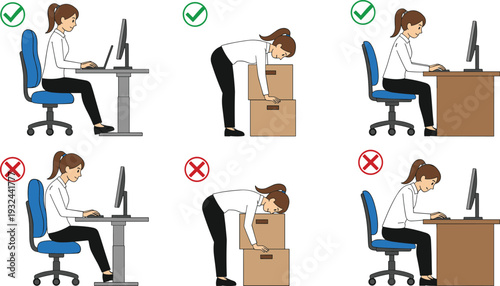 Ergonomic Posture Vector Illustration Showing Correct and Incorrect Sitting, Lifting, and Writing Positions for Workplace Safety and Health