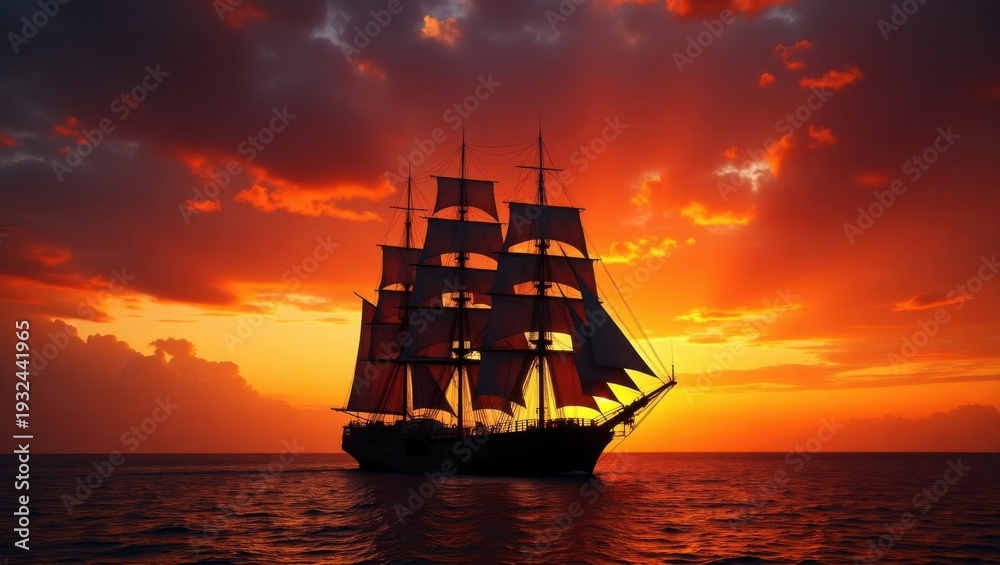 Obraz premium Majestic sailing ship with billowing sails at sunset over the ocean