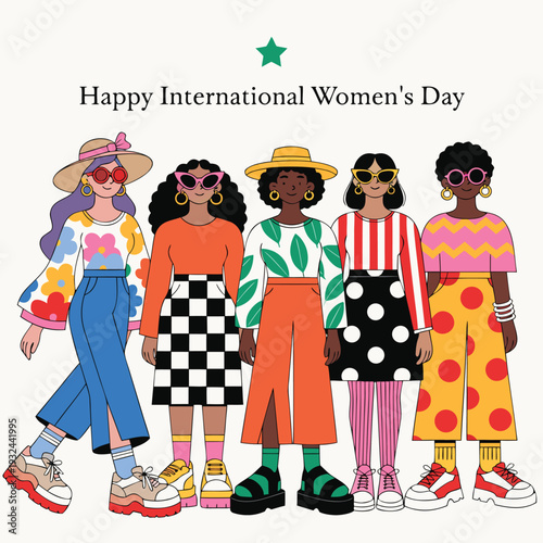 A colorful, stylized Happy International Women's Day illustration featuring five diverse women standing with distinct fashion styles and vibrant clothing