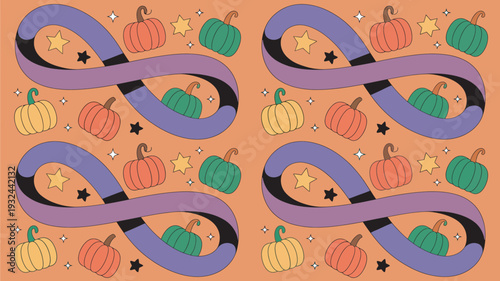 A vibrant and festive Halloween-themed pattern featuring colorful pumpkins, stars, and purple ribbons on an orange background.