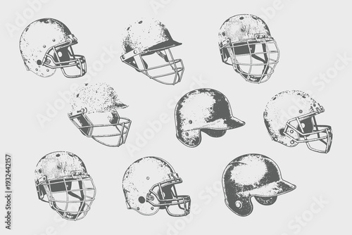 Vintage sketch sports Helmet set vector illustration. Hand drawn retro Cricket Helmet, Baseball, American Football, Rugby, Hockey, Lacrosse Helmet. eps 10