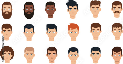 Male Character Face Set Featuring Different Hairstyles, Beards, and Looks for Avatar, Design, and Cartoon