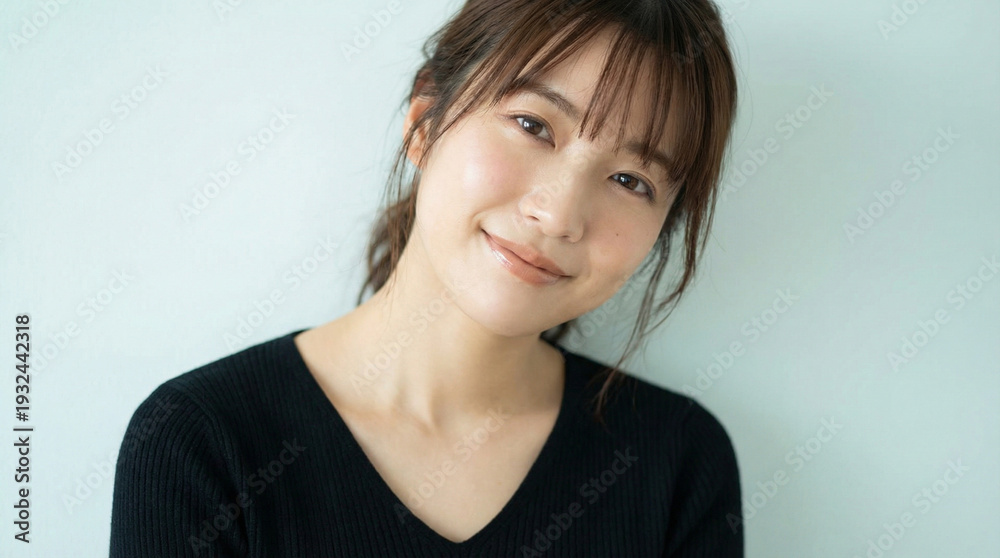 Fototapeta premium Gentle Radiance: Portrait of a woman. A tender portrait of a woman radiating quiet contentment and natural beauty, the image captures a moment of serene contemplation.
