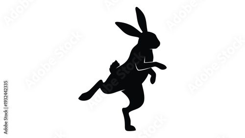 A black silhouette of a rabbit appears to be leaping or jumping forward