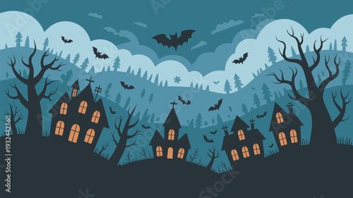 A spooky Halloween scene with haunted houses and bats flying in the night sky under a full moon