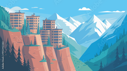 A serene mountain landscape with a cliffside resort and snow-capped peaks in the background under a clear blue sky.