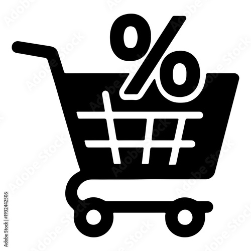 Shopping cart icon featuring a cart with a percent sign to represent discounts and online shopping deals