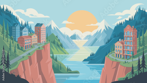 A serene mountain landscape with buildings on cliffs overlooking a lake at sunset