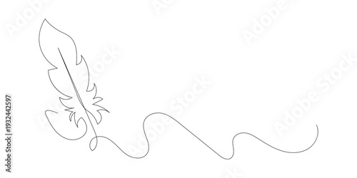 Single line drawing of a feather. Minimalist quill pen continuous line art for literature, writing, and elegant stationery design.