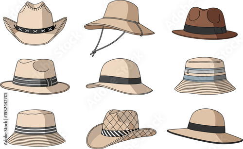 Variety of Stylish Beige and Brown Hats with Different Designs for Fashion, Accessories, and Headwear