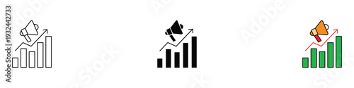 Marketing growth bar chart icon set. Megaphone with rising arrow and business graph symbol for sales promotion and advertising success.