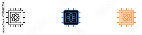 Quantum computing processor icon set. CPU microchip with atom symbol for nanotechnology, artificial intelligence, and futuristic technology design. vector illustration.