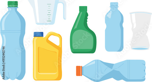 Various Plastic Bottles and Containers for Packaging, Recycling, and Product Storage Design