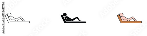 Relaxing person icon set. Man lying on deck chair symbol for vacation, spa, and summer resort design. Vector Illustration.