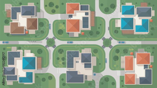 An aerial view of a suburban neighborhood with colorful houses and green lawns