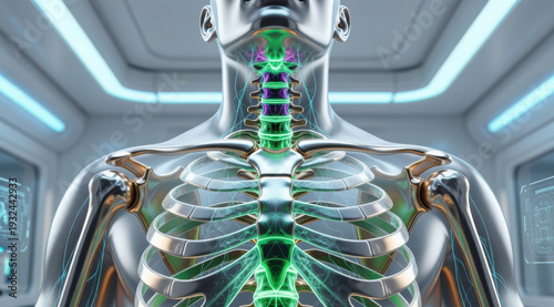 Futuristic human anatomy model with glowing spine and ribcage body skeleton