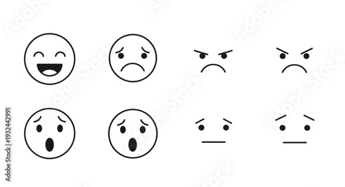 Collection of simple line art emoji faces expressing different emotions.