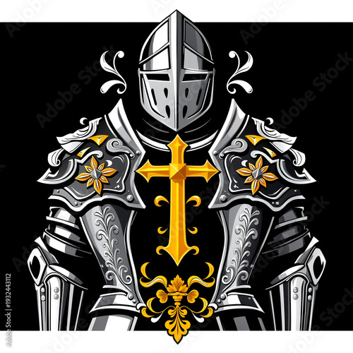 The Holy Knight: Armor of Christ. Medieval armor  with ornate decorations, cross and floral motifs on black background. High quality