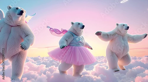 Polar bears dancing in a whimsical cloudscape with pastel colors