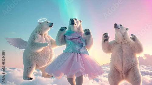 Polar bears in whimsical costumes dancing on clouds under aurora