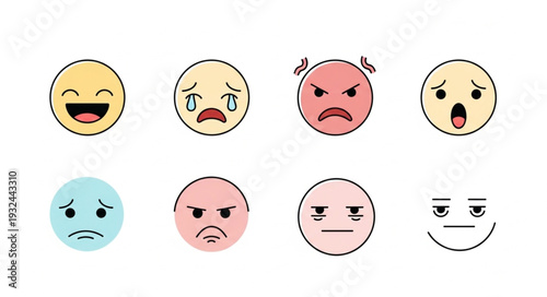 Collection of various colorful emoji faces expressing different emotions and feelings.