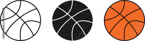 Three basketball icons in different styles including outline solid and colored versions