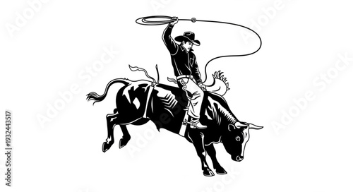 Cowboy riding a bucking bull with lasso raised high.
