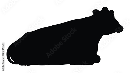 A black silhouette of a cow lying down on a white background