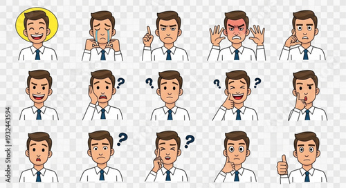 Diverse expressions of a man in a white shirt, showcasing various emotions and feelings.