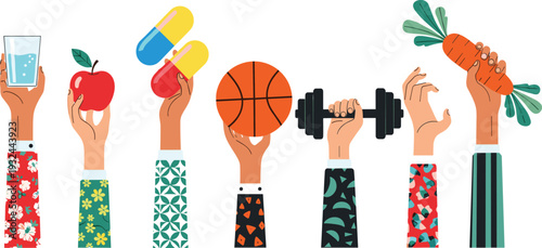 Healthy Lifestyle Illustration Set with Hands Holding Water Glass, Apple, Vitamins, Basketball, Dumbbell, and Fresh Carrot