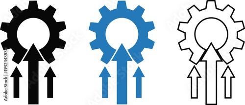 A black and white gear icon with three arrow symbolizing progress and development trend.